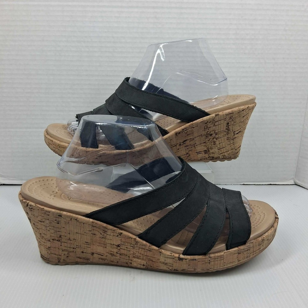 Crocs Leigh‎ Black Strappy Cork Wrapped Wedge Sandals Womens 11 Slide Comfort